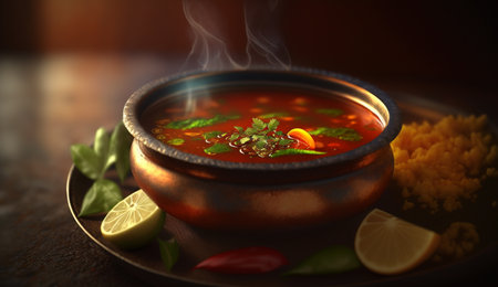 Experience the flavors of South India with Rasam, a spicy and tangy soup made with tamarind, lentils, and a blend of aromatic spices.の素材