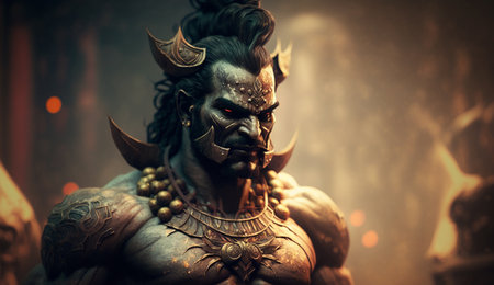 Experience the rich mythology of India with this striking portrait of Ravana, the ten-headed demon king from the Hindu epic, Ramayana.の素材