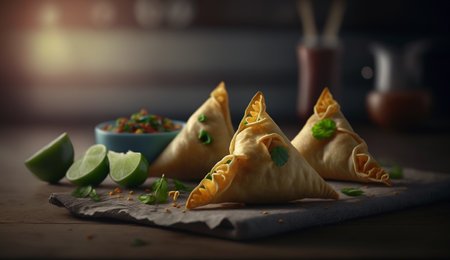 Experience the taste of India with samosas, a crispy and savory snack filled with spiced potatoes and peas, served hot and fresh on a wooden table.の素材