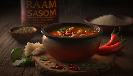 Experience the flavors of South India with Rasam, a spicy and tangy soup made with tamarind, lentils, and a blend of aromatic spices.の素材