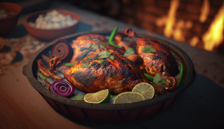 Sizzling Tandoori Chicken in clay dish cooked over open flames, presented on wooden table for rustic feelの素材
