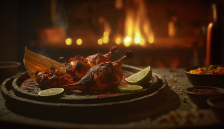 Sizzling Tandoori Chicken in clay dish cooked over open flames, presented on wooden table for rustic feelの素材