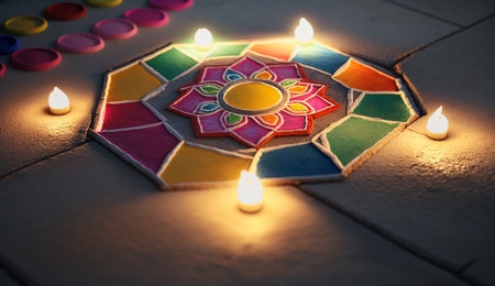 Experience the vibrancy of Indian culture with Rangoli, a traditional folk art of creating intricate and colorful designs using colored powders or sand on the floor.の素材