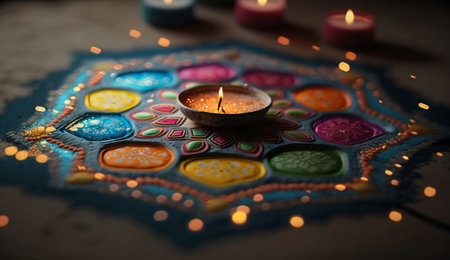 Experience the vibrancy of Indian culture with Rangoli, a traditional folk art of creating intricate and colorful designs using colored powders or sand on the floor.の素材