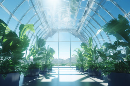 A stunning image of a futuristic greenhouse with large domes, lush greenery, and a bright blue sky and sun.の素材