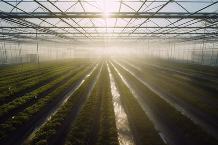 This concept illustration showcases how artificial intelligence can revolutionize the greenhouse industry through automated monitoring, efficient resource utilization, and precise crop management.の素材