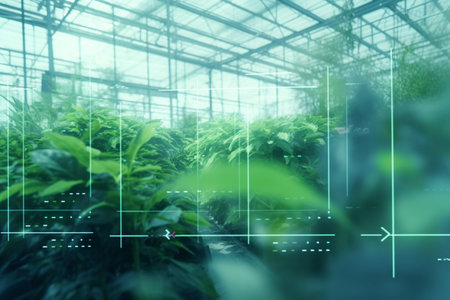 This concept illustration showcases how artificial intelligence can revolutionize the greenhouse industry through automated monitoring, efficient resource utilization, and precise crop management.の素材