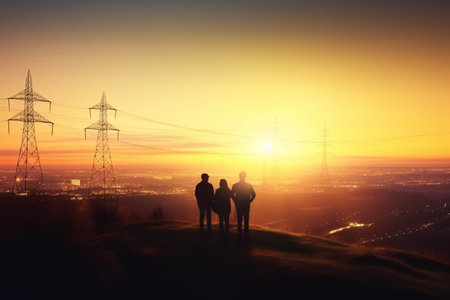 A team of people watching the sunset over a city with power lines in the background as part of an energy concept and power supply strategy.の素材