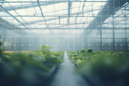 This concept illustration showcases how artificial intelligence can revolutionize the greenhouse industry through automated monitoring, efficient resource utilization, and precise crop management.の素材