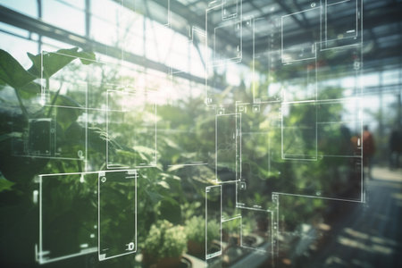 This concept illustration showcases how artificial intelligence can revolutionize the greenhouse industry through automated monitoring, efficient resource utilization, and precise crop management.の素材