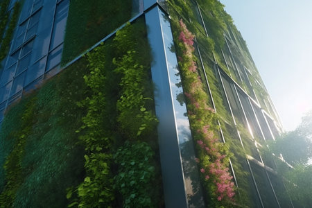 A futuristic city where towering skyscrapers are adorned with vertical greenery, creating a beautiful and sustainable urban oasis.の素材