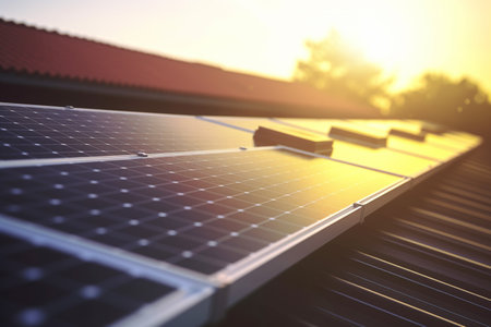 A solar panel glows on a rooftop, harnessing the sun's energy with its reflective surfaceの素材
