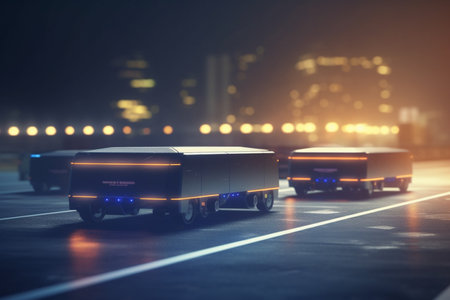 Experience the future of trucking with AI-controlled vehicles, optimized for safety, efficiency, and reliability.の素材