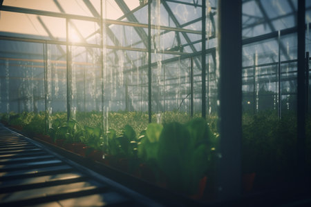 This concept illustration showcases how artificial intelligence can revolutionize the greenhouse industry through automated monitoring, efficient resource utilization, and precise crop management.の素材