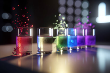 Vibrant 3D illustration of diffusion in a laboratory beakerの素材