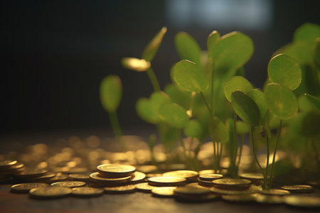 A green seedling growing from coins on the ground represents the idea of sustainable development and eco-financingの素材
