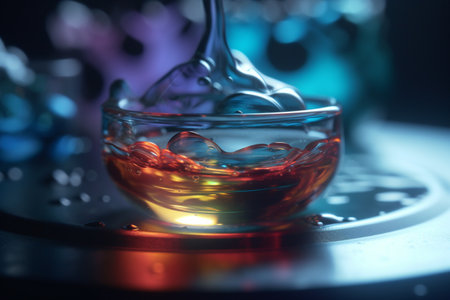 Colorful 3D illustration showing the process of dissolution in a chemical glass containerの素材