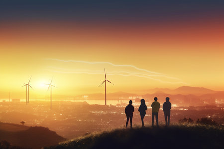 A group of people standing on a hill watching the sunset over a city with wind turbines in the background while working on an energy concept for renewable energy.の素材