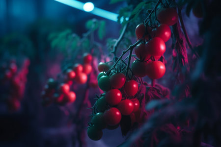Discover the benefits of growing tomatoes under artificial UV light - faster growth, more nutrients, and a glowing appearanceの素材