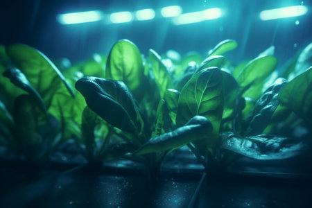Experience the power of modern agriculture as lush spinach crops flourish under carefully controlled conditions with artificial UV light.の素材