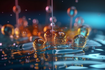 Vibrant 3D graphic showing the chemical process of electrolysis in a cellの素材