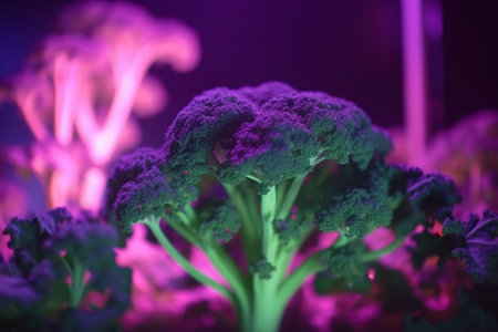 Experience the power of technology in agriculture with this stunning image of Broccoli growth under artificial UV light.の素材