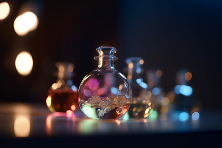 Vibrant 3D visualization depicting the chemical process of esterification taking place inside a glass flaskの素材
