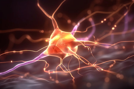 This abstract 3D illustration showcases the colorful biochemical process of nerve impulsesの素材