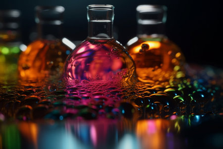 Vibrant 3D visualization of the dissolution process in a glass flaskの素材