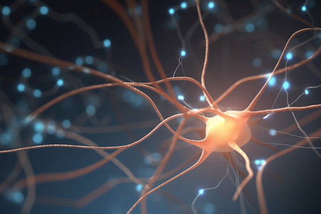 This abstract 3D illustration showcases the colorful biochemical process of nerve impulsesの素材