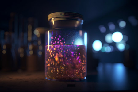This vivid 3D illustration depicts the fermentation process in a laboratory beaker, showing the transformation of sugar into alcohol and carbon dioxide.の素材