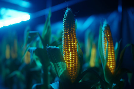 Artificial UV light helps increase the yield of corn crops. This image shows corn cultivation under such lighting.の素材