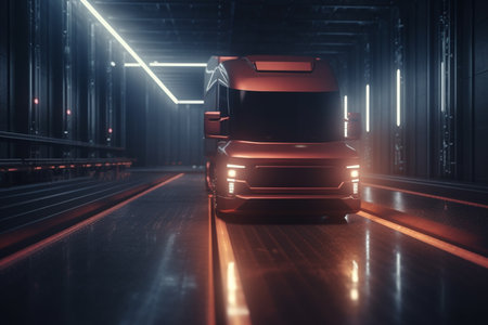 Experience the future of trucking with AI-controlled vehicles, optimized for safety, efficiency, and reliability.の素材