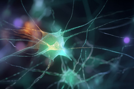 This abstract 3D illustration showcases the colorful biochemical process of nerve impulsesの素材
