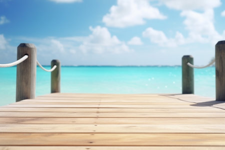 A stunning view of a wooden pier extending over crystal clear azure blue water against a backdrop of blue sky and fluffy white clouds.の素材