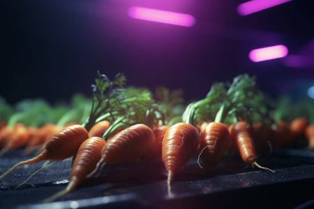Vibrant and healthy carrots growing under artificial UV light for maximum growth and nutrition in a hydroponic system.の素材