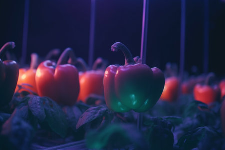 Vibrant bell peppers grown in a hydroponic system using artificial UV light for optimal growth and yieldの素材
