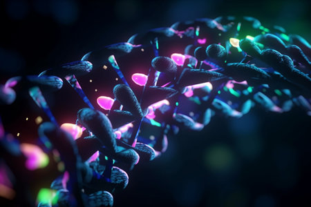 Colorful and abstract 3D illustration representing the microscopic world of the biochemistry process of protein biosynthesisの素材