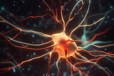 This abstract 3D illustration showcases the colorful biochemical process of nerve impulsesの素材