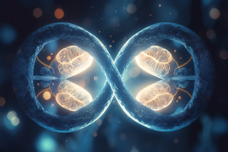 Vibrant 3D illustration showing the intricate process of cell division at the microscopic levelの素材