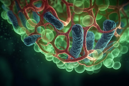 This abstract 3D illustration showcases the complex process of cellular respiration, featuring colorful elements and microscopic details of mitochondria.の素材