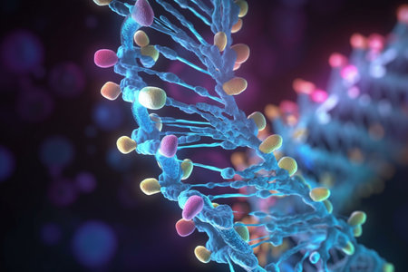 Colorful and abstract 3D illustration representing the microscopic world of the biochemistry process of protein biosynthesisの素材