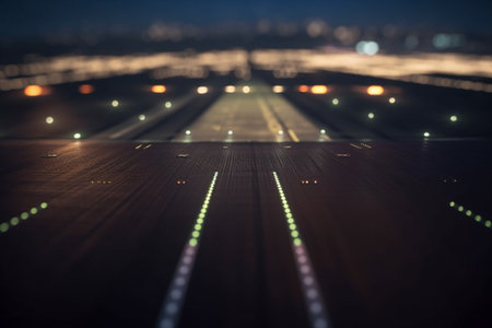 A captivating view of a brightly lit airport runway in the darkの素材