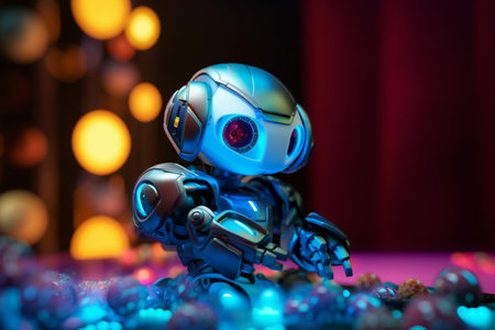 This conceptual illustration showcases the potential of AI in the toy industry, featuring advanced robotics and cutting-edge technologyの素材