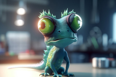 A crazy chameleon as a physicist in a laboratory, conducting experiments with various instruments and test tubes.の素材