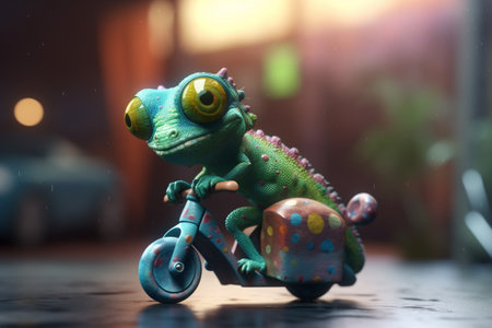 This funny photorealistic cartoon chameleon is having a blast on its tiny moped, zooming through a blurry backgroundの素材