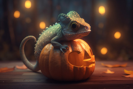 This festive chameleon is ready for Halloween with a pumpkin in hand and a mischievous grin on his faceの素材