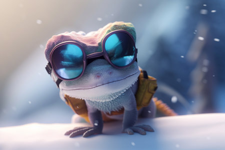 This cool chameleon knows how to enjoy the snow in style. With its snow goggles, it's ready for any winter adventure.の素材