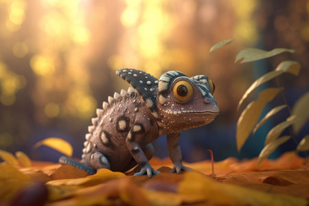 A playful chameleon amidst the beautiful autumn leavesの素材