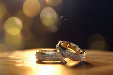 A romantic symbol of love: two wedding rings captured in warm, soft sunlight with a blurred bokeh backgroundの素材